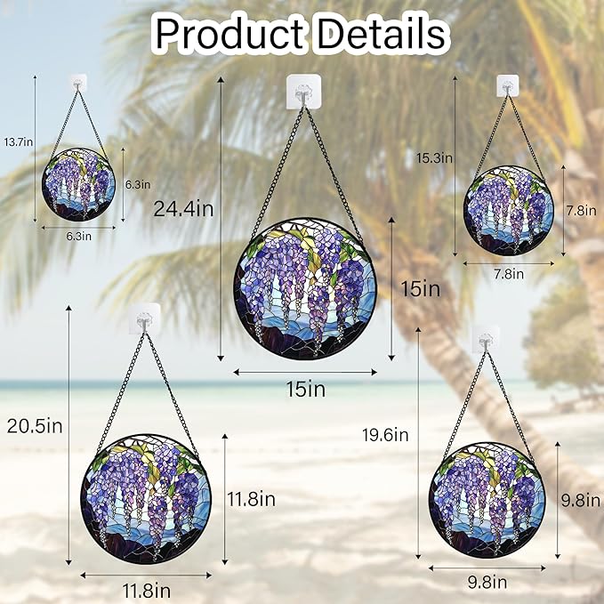 Stained Glass Window Hanging, Purple Wisteria Flowers Suncatcher for Doors Window Home Plant Sun Catchers Decoration Mother's Day Birthday Gifts for Women, Men, and Mom 7.8x7.8 in