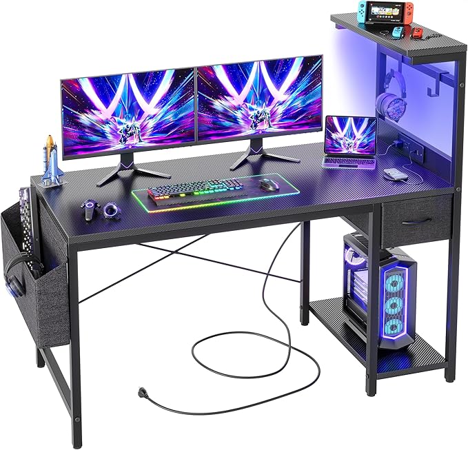 TIQLAB Gaming Desk 55 inch with Power Outlet and LED Light, Computer Desk with Reversible Shelves and Storage Drawer, Small PC Desk for Home Office Table with Bag, Carbon Fiber Black