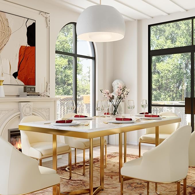 POVISON Marble Dining Table for 6, Modern Dining Room Table 71" for Kitchen & Dining Room, Luxury White Marble Table Top with Gold Trestle Pedestal(Dining Table Only)
