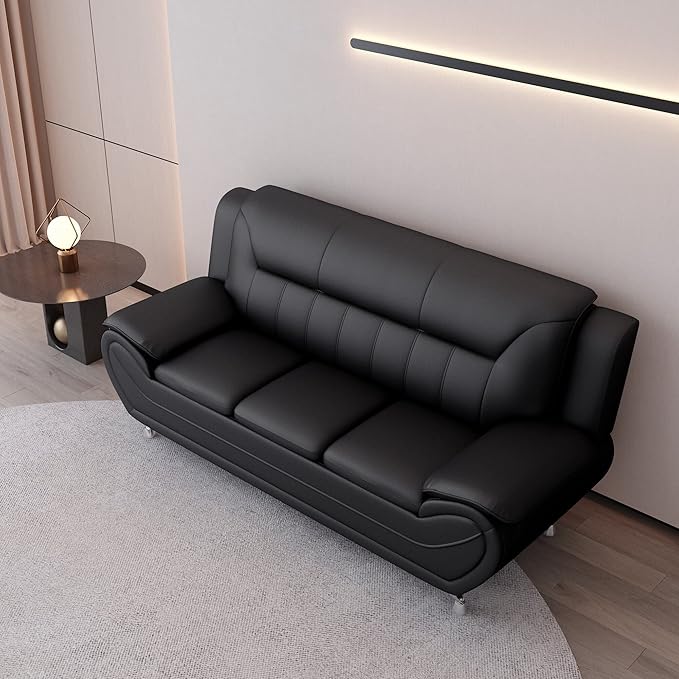Container Furniture Direct Michael Modern Faux Leather Upholstered Stainless Steel Legs Living Room Sofa, Black