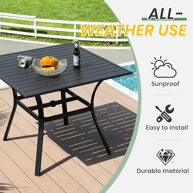 LVUYOYO Outdoor Patio Dining Table, Metal Square Table with Umbrella Hole, All-Weather Furniture for Backyard, Garden,Balcony,Porch (Black)