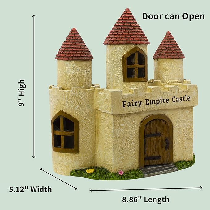 PRETMANNS Fairy House Kit - Fairy Garden Accessories for Outdoor Miniature Village Decor, with Castle, Prince and Princess Fairies & Sign - House, 9’ High & Door can Open Wide - 4 Piece Supplies