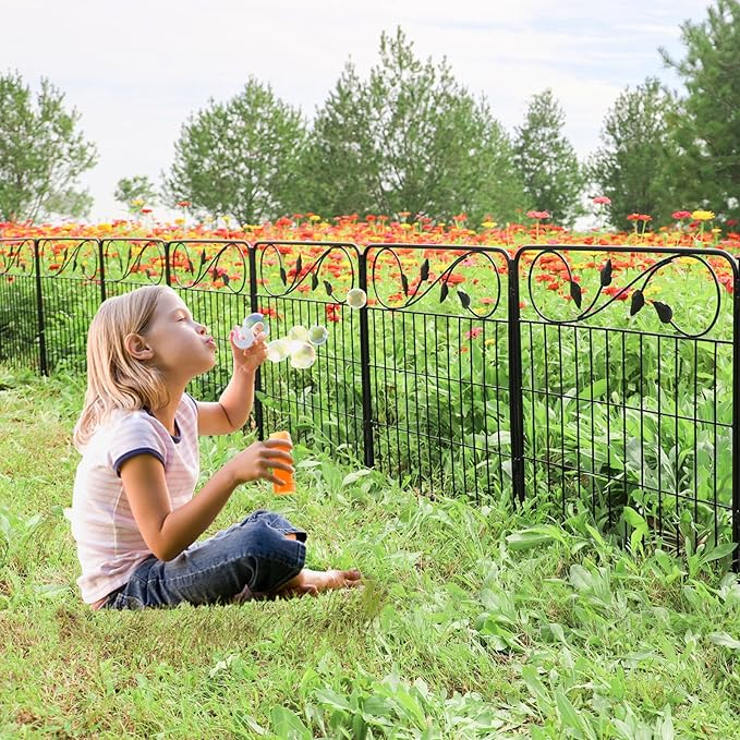 Decorative Black Garden Fencing 24in(H) X16ft(L) 8 Panels Metal Wire Edging Patio Landscape Flower Border Garden Fence for Dogs Animal Barrier for Outdoor