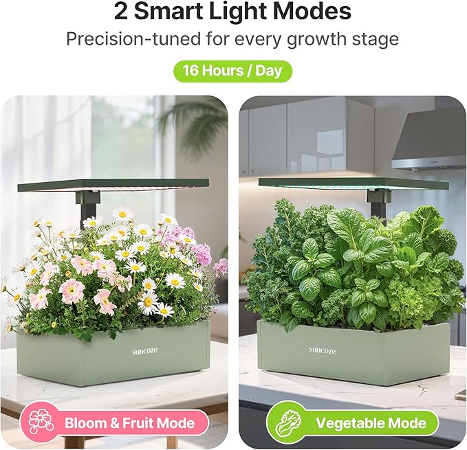 SUNCOZE Hydroponics Growing System Kit, 20 Pods Indoor Herb Garden with 10L Water Tank & Adjustable Height 25", 30W LED Grow Light, LCD Display with Veg/Flower Modes, Pump & Low Water Reminder, Green