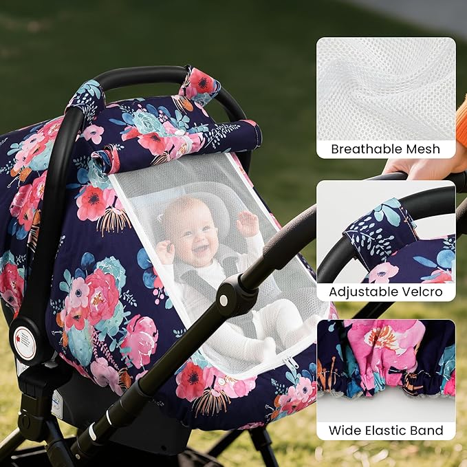 Elstey Car Seat Cover Baby, Minky Dot Carseat Covers Baby Girls, Lightweight Infant Car Seat Cover Canopy with 2 Layers Breathable Mesh Windows, Stroller Carrier for Babies Newborn Essentials