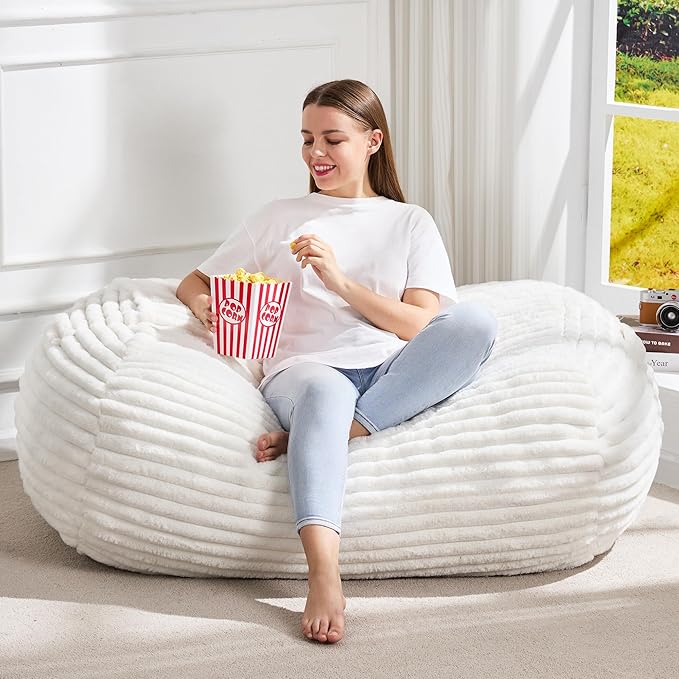 Hobestluk 3FT Bean Bag Chairs Adult Bean Bag with Portable Handle Comfy Large Bean Bag Chair with Removable Cover for Living Room Bedroom or Reading Nook (Stripe White, 3FT)