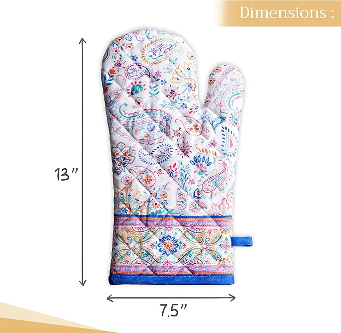 Maison d' Hermine Oven Gloves 100% Cotton Oven Mitt 7" x 13" with Loop Heat Resistant, BBQ, Cooking Gloves, Baking, Grilling, Kitchen, Handling Hot Pans Spring/Summer (Pack of 1, Indian Floral)