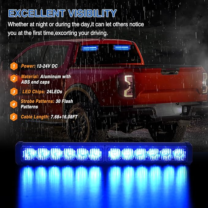 Nilight 24LED Emergency Strobe Traffic Advisor Light Bar 2 in 1 Blue Dash Warning Safety Flashing Lights Front/Rear Windshield Construction Lights for Trucks Cars Plow Police Firefighter Vehicles