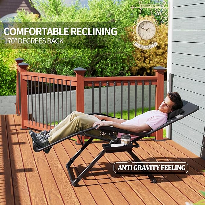 UDPATIO Oversized Zero Gravity Chair Set of 2, 29In XL Patio Reclining Chair with Cushion, Outdoor Folding Recliner with Pillows|Cup Holder|Foot Rest|Padded Headrest, Burgundy, Support 500LB