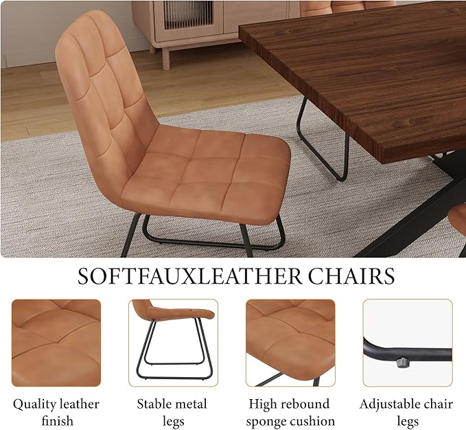 ZckyCine Expandable Dining Table Set for 6-8 People, Modern Rectangular Kitchen Table, 63"-79" Extendable, Walnut Finish, Metal Frame, 6 PU Leather Cushioned Chairs, Easy Assembly