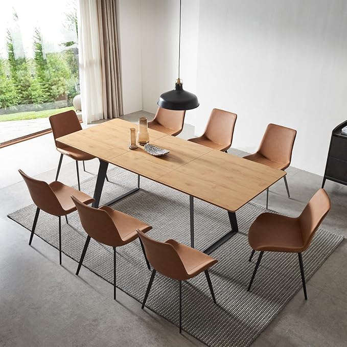 ZckyCine Expandable 8-Person Dining Table Set (63" - 79") with Modern Oak Table & 8 Brown Chairs – Ideal for Kitchens and Dining Rooms