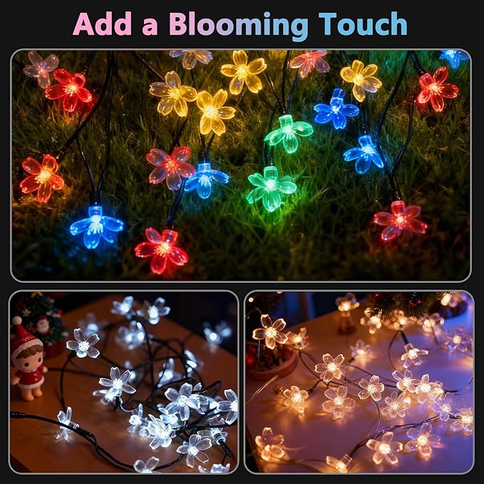 60 LED Solar String Lights Outdoor Waterproof Flower Fairy Lights for Garden Fence Patio Yard Christmas Tree Lawn Wedding Party Decor, Multicolor