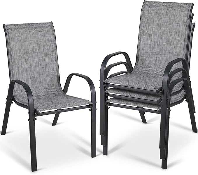 MAMIZO Patio Dining Chairs, Stackable All Weather Teslin Chair, Heavy Duty Outdoor Breathable Chairs Set, w/Armrests, Upgraded Chair FeetW/Strenthened Iron Spacers, 330 LBS (4, Grey)