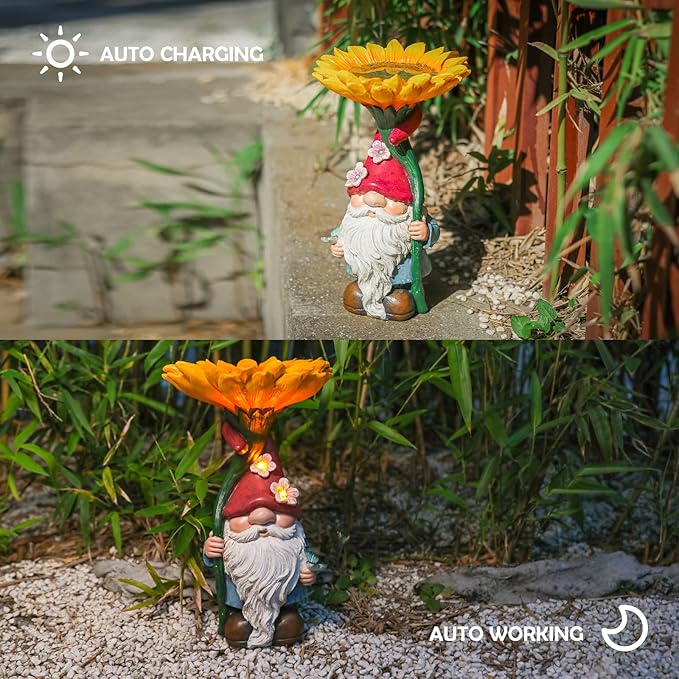 MUMTOP Garden Gnome Statue with Sunflower Bird Bath Outdoor Decor, Gnome Birdbaths Bird Feeder with Solar LED Light Waterproof Garden Sculpture for Yard Lawn Outdoor Decorations