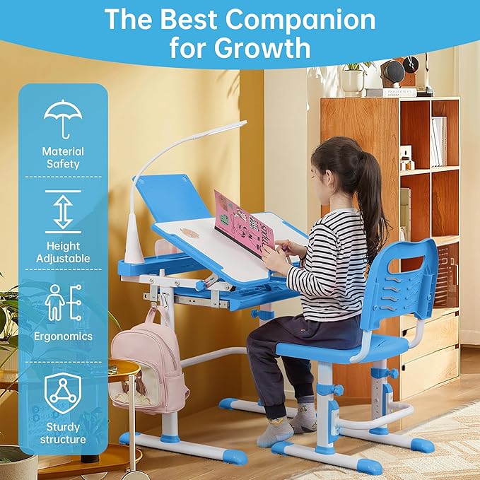 Real Relax Kids Desk and Chair Set, Children's Multifunctional School Tables with Tilt Desktop, LED Light, Metal Hook Blue