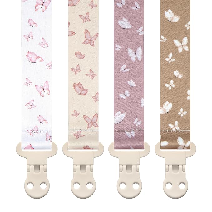 Stadela Baby Pacifier Clip Holder - Girl or Boy Unisex 4 Pack Gift Set – Blush Pink and Beige Butterflies (Anabella)