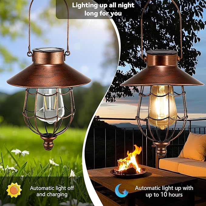 Solar Lanterns Outdoor Hanging Metal Vintage Lantern Warm White Solar Lights lamp Waterproof Edison Bulb Design for Pathway Garden Patio Yard Tree Decoration (Copper)