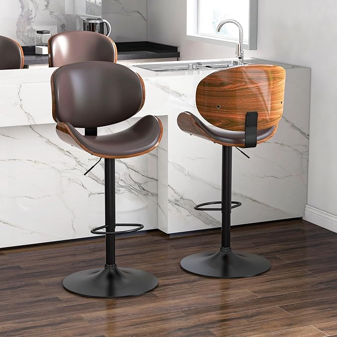 Adjustable Swivel Bar Stools 1 PC, Modern Bentwood Barstool with Large Metal Base and Footrest, PU Leather Upholstered Bar Chair with Curved Back for Kitchen Island Dining Room, Brown
