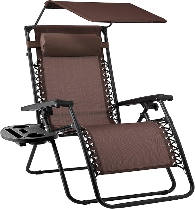 Best Choice Products Folding Zero Gravity Outdoor Recliner Patio Lounge Chair w/Adjustable Canopy Shade, Headrest, Side Accessory Tray, Textilene Mesh - Brown
