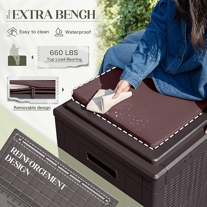 Greesum 100 Gallon Resin Deck Box Large Outdoor Storage with Cushions for Patio Furniture, Garden Tools, Pool Supplies, Weatherproof and UV Resistant, Lockable, Dark Brown