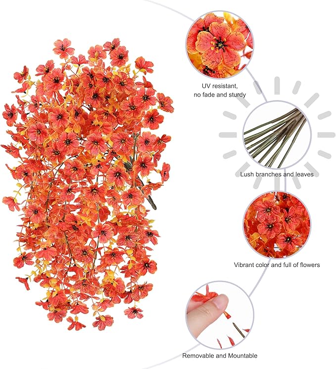 INSPRING Fall Artificial Flowers for Outdoors Fake Silk Flower, 2Pcs Red Orange Daisy Autumn Decor, Realistic Hanging Decoration Plants, UV & Fading Resistant for Porch Patio Balcony Planter