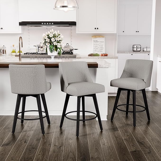 Counter Height Swivel Bar Stools Set of 3, 26 Inch Bar Stools with Footrest, Linen Fabric Upholstered Barstools with Back and Solid Wood Legs for Kitchen Island, Dining Room,Pub,Light Grey
