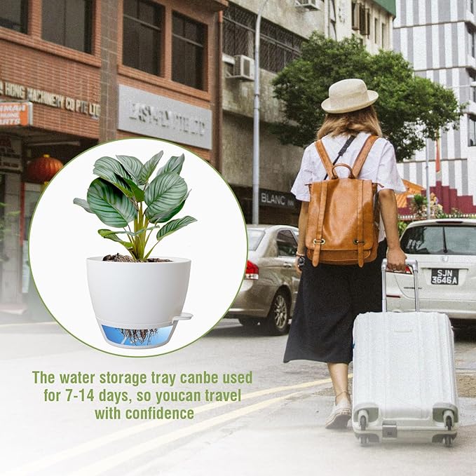 10 inch Self Watering Pots, 2 Pack Plastic Planters with Mesh Drainage Holes for Garden Plants and Flower, Plants Pots with Deep Reservoir for Indoor Outdoor Plants, White