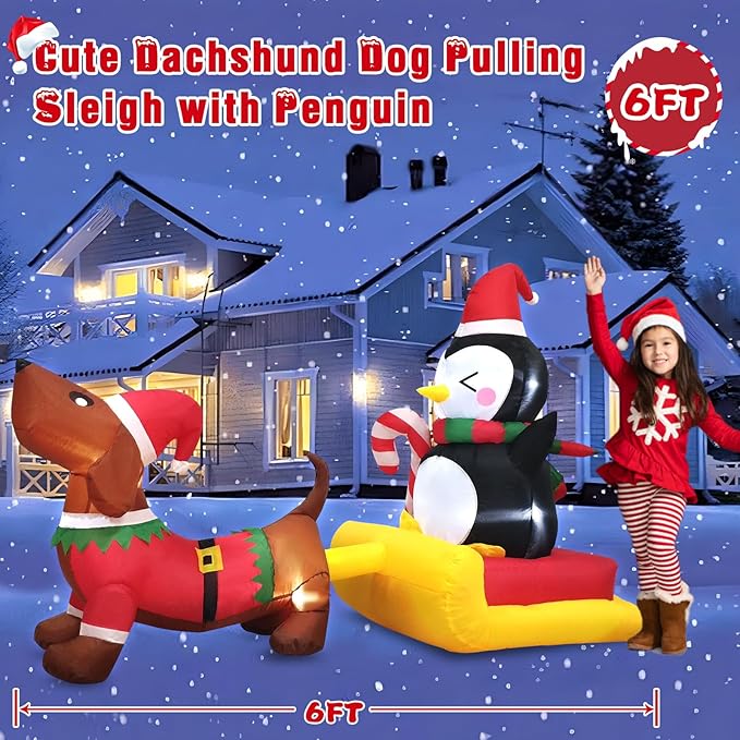 Danxilu 6 FT Long Christmas Inflatable Dog Sled with Penguin Outdoor Decorations- Blow Up Penguin on Dog Sleigh Yard Decorations for Xmas Holiday Indoor Garden Lawn Party Patio Décor