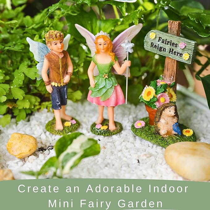 PRETMANNS Fairy House Kit - Fairy Garden Accessories for Outdoor Miniature Village Decor, with Castle, Prince and Princess Fairies & Sign - House, 9’ High & Door can Open Wide - 4 Piece Supplies