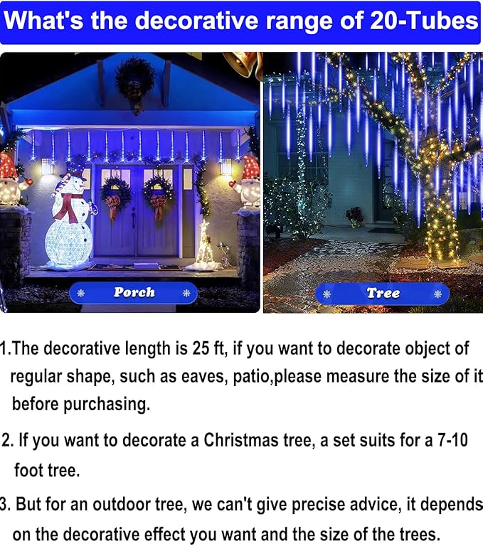 EAGWELL Christmas Lights Outdoor, 20 Inch 20 Tubes 1080 LED Blue Meteor Shower Lights, Cascading Snow Falling Icicle for Xmas Tree Yard Halloween Wedding Party Decor