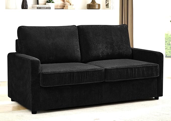 Reversible Sleeper Sofa Bed with Comfortable Memory Foam Mattress, Convertible Corduroy Full Size Pull Out Couch for Living Room, Space Saving Furniture, 70" Wide, Rectangular Arms, Black