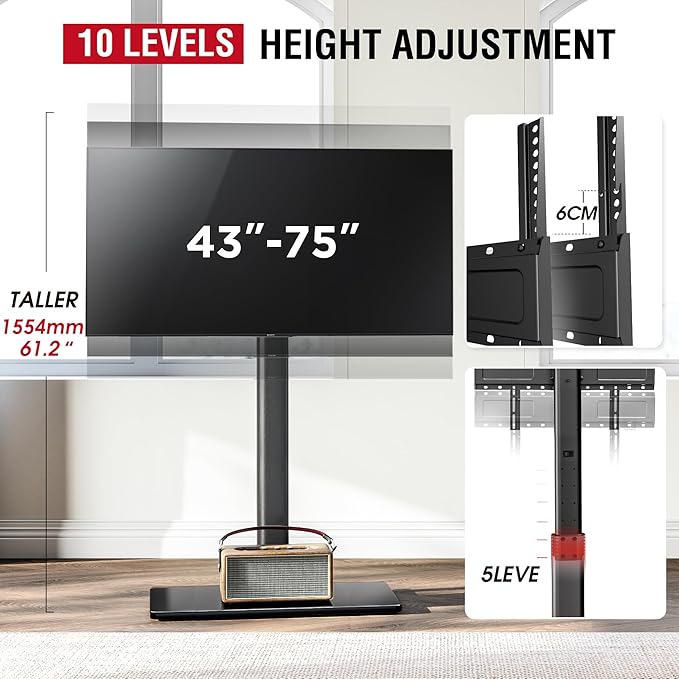 Swivel TV Floor Stand for 43-75 Inches TVs, 10 Level Height Adjustable Corner Extra Tall TV Stand Mount for Living Room/Bedroom, Holds up to 110 lbs,MAX VESA 600x400mm,Black