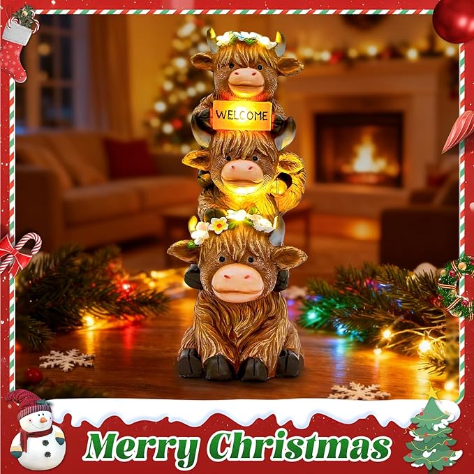 16 in Large Garden Highland Cow Statue Solar Garden Sculptures & Statues with Flower Decoration Birthday Gifts for Women Mom Funny Triple Big Highland Cow Decor for Yard Garden Patio Lawn Ornaments
