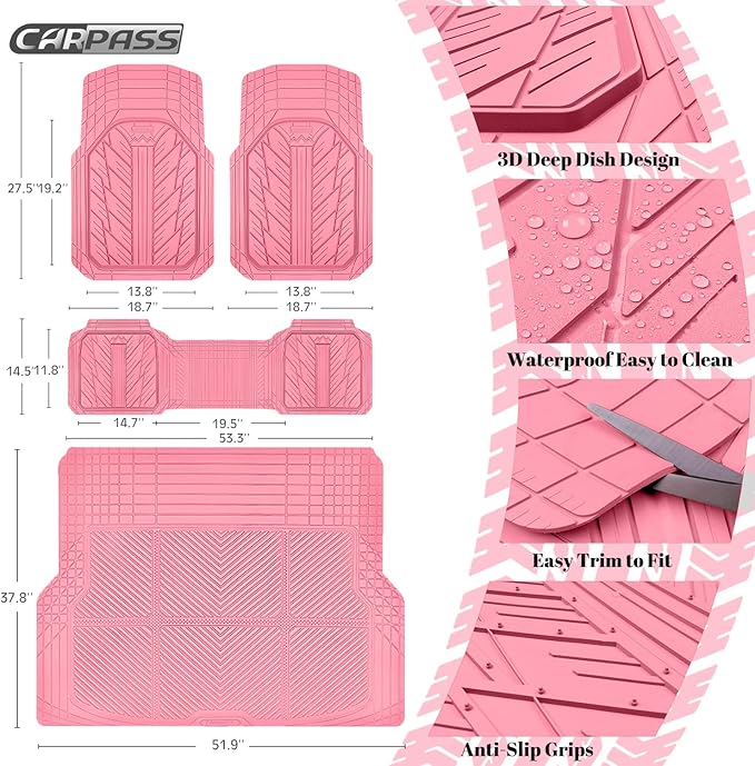 CAR PASS Floor Mats for Cars M-L Size, Heavy Duty Rubber Floor Mats with Trunk Cargo Liner, Universal Trim-to Fit Automotive Floor mats for Truck Van SUV Waterproof All Weather Car Mats All Pink