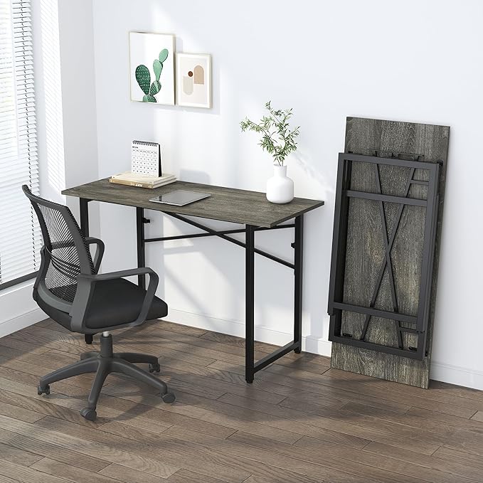 47 inch Folding Desk, Writing Gaming Computer Camping Table, No Assembly Required Home Office Desk, Black Oak