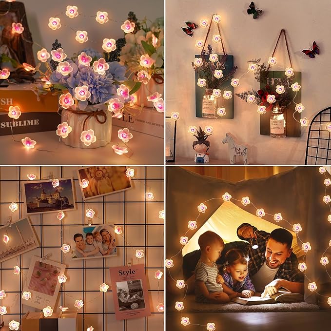 OMIKA Battery Operated String Lights Indoor, 2 Pack 16.5ft 50LED Cherry Blossom Bedroom Lights, Warm White Flower Light Decorative for Room Table Dorm Party Girl Mom Gift Wedding Christmas