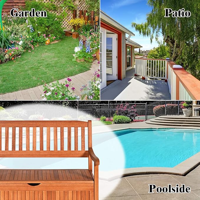 Tangkula Outdoor Wood Storage Bench Deck Box, Entryway Porch Storage Bench with Inner Removable Dust-Proof Lining & Portable Handles, Eucalyptus Wood Loveseat for Garden, Lawn, Balcony & Yard