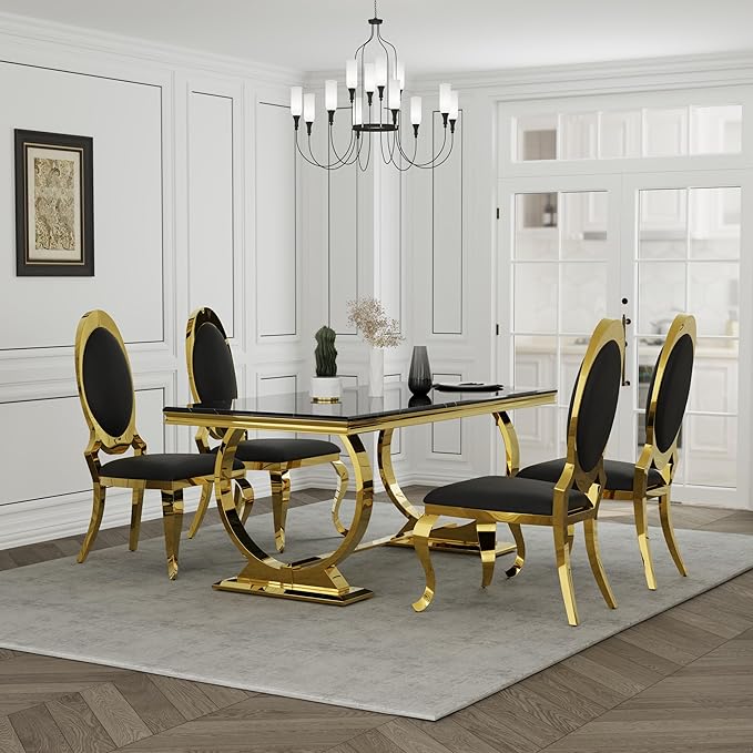 Asday Black and Gold Dining Table, 72 inch Luxury Dining Room Table with Gold Stainless Steel Metal U-Base for 4-8