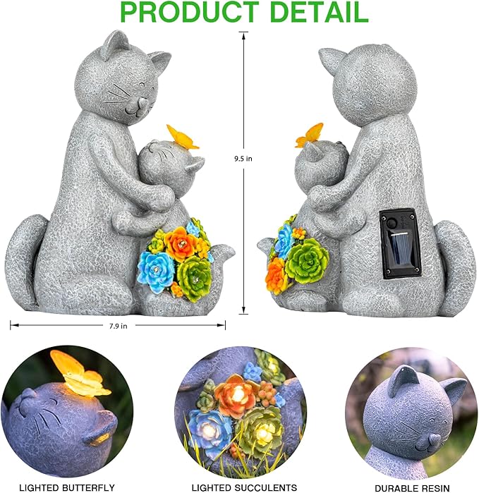Solar Garden Statues Loving Cat Figurine Lights for Outside, Yard Decorations Outdoor, Garden Decor Unique Mothers Day Birthday Housewarming Gifts for Mom, Women
