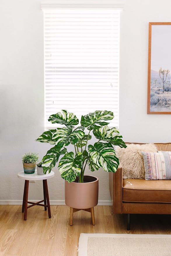 Hollyone Artificial Monstera Plant 2FT Faux Monstera Deliciosa Plant in Black Pot Fake Swiss Cheese Tropical Plant Potted for Indoor Outdoor Floor Home Office Living Room Decor, 2 Pack