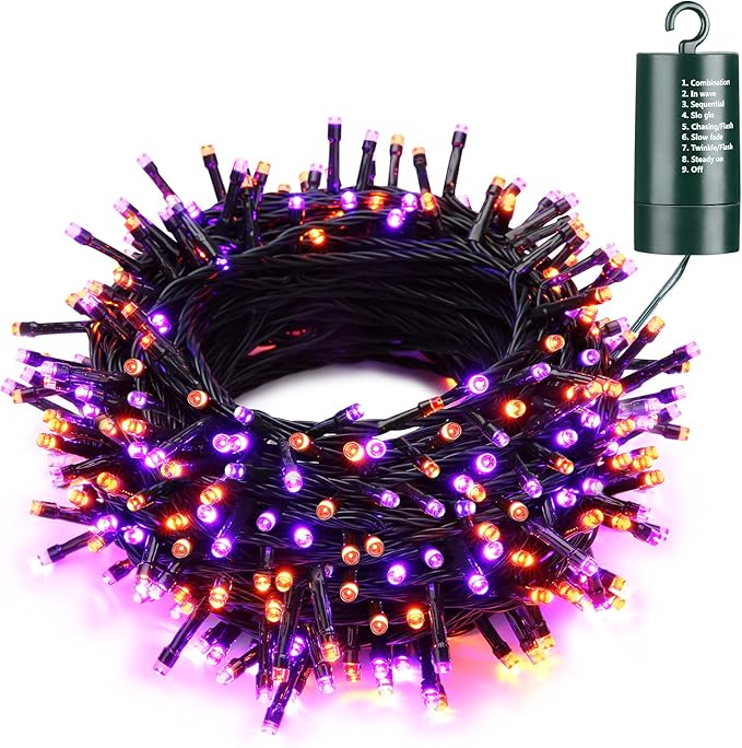 Joomer Orange Purple Halloween Lights, 66ft 200 LED Battery Operated String Lights Waterproof with 8 Modes & Timer Function for Halloween Outdoor Indoor Decorations