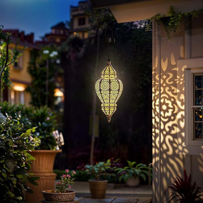 Moroccan Hanging Solar Lights Outdoor Lantern Bidirectional Availabili Garden Decor Waterproof Plastic Gold Decorations for Patio Pathway Yard Backyard Solar Powered Garden Decorative (1, gold)