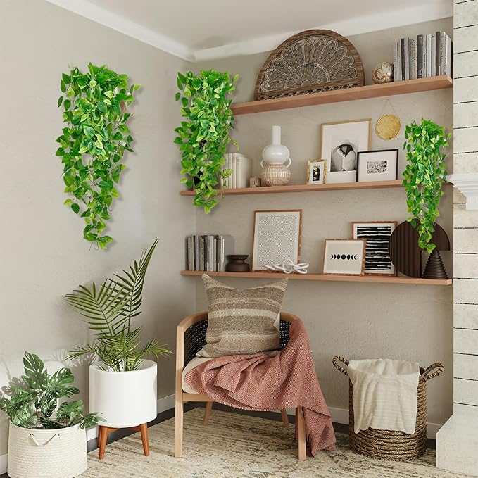 Fake Hanging Plants Vines(2pcs)for Room Decor, Artificial Ivy Greenery Garlands for Home Bedroom Living Aesthetic Kitchen Office Wall Patio Bookshelf,Indoor,Outdoor Farmhouse Decorations(No flowerpot)