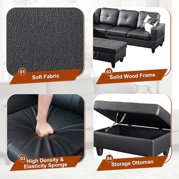 Osparple L Shaped Couch Faux Leather Sectional Couches for Living Room Upholstered 3 Pieces Modular Sectional Sofa with Chaise, Ottoman with Storage for Living Room and Small Apartment, Black