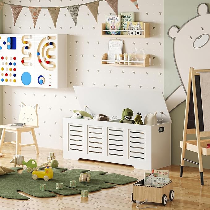 DINZI LVJ Storage Chest, 47.3” Wooden Toy Box with 2 Safety Hinges, Retro Entryway Shoe Storage Bench with Flip-Top, Sturdy Large Storage Trunk for Living Room, Bedroom, Easy Assembly, White