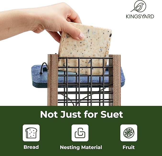 Kingsyard Recycled Plastic Suet Bird Feeder, Double Capacity Tail-Prop Suet Feeder for Outside Hanging, Sturdy & Durable, Great for Woodpecker & Clinging Birds, Blue