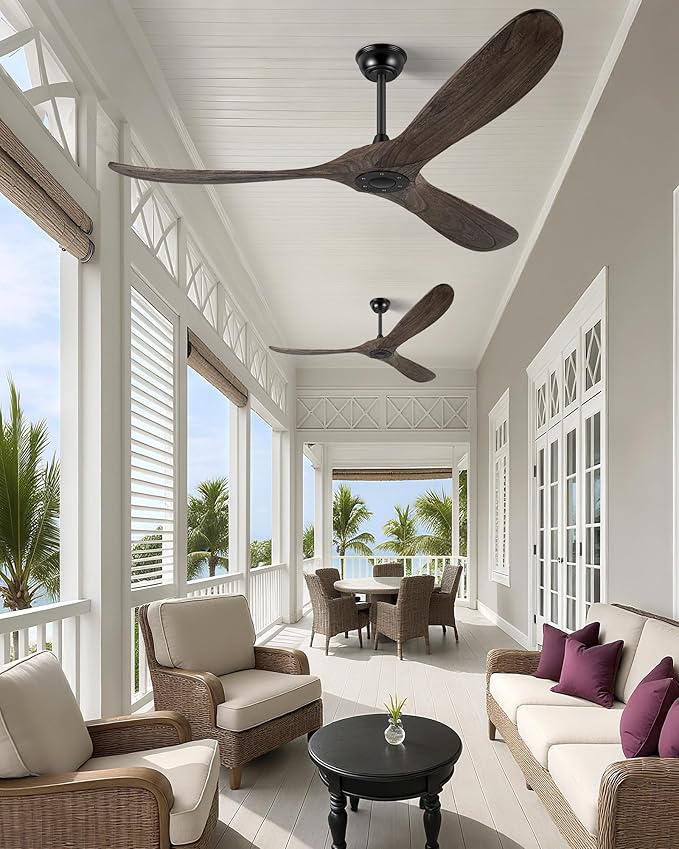 60" Ceiling Fans Without Light, Solid Wood Ceiling Fan No Light with Remote Control and DC Motor, Outdoor Ceiling Fan with 3 Blades, Outdoor fan for Patios - Deep Brown