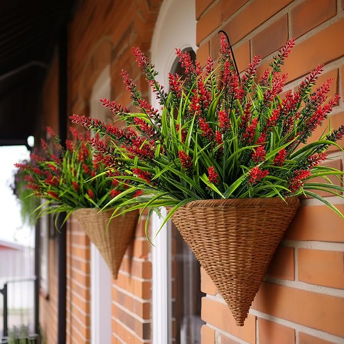Artificial Flowers for Outdoor Plants 24 Bundles Fake Lavender Plastic Faux Monkey Grass for Verandah Window Garden Office Patio Front Porch UV Resistant for Planter(Red)