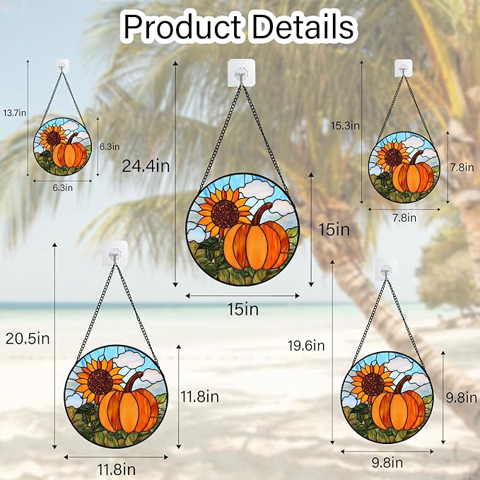 Stained Glass Window Hanging Fall Farm Scenery Sunflower Pumpkin 6.3" - Suncatcher Door Garden Kitchen Sunroom Sun Catcher Home Decor Birthday for Mom Grandma Men Woman
