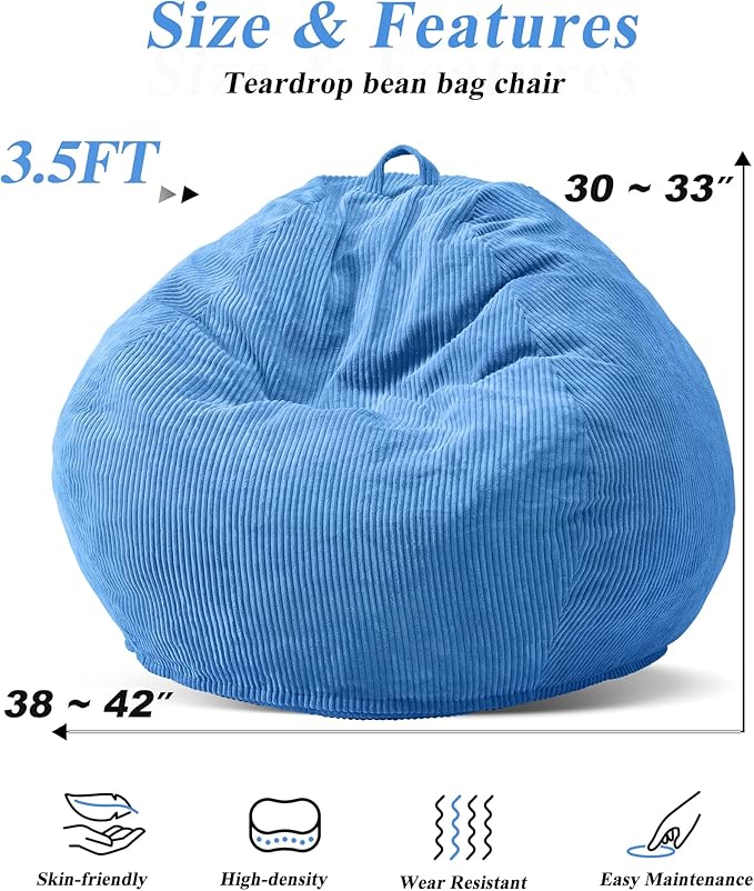 3.5FT Bean Bag Chairs Teardrop Bean Bag Chair for Adults Beanbag Chair with Memory Foam Filled Machine Washable Cover for Living Room, Bedroom (Large,Blue)